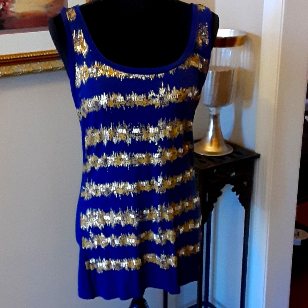 VALERIE BERTINELL NAVY GOLD BEADED STRIPED SLEEVELESS TOP TANK CAMI MEDIUM NEW…